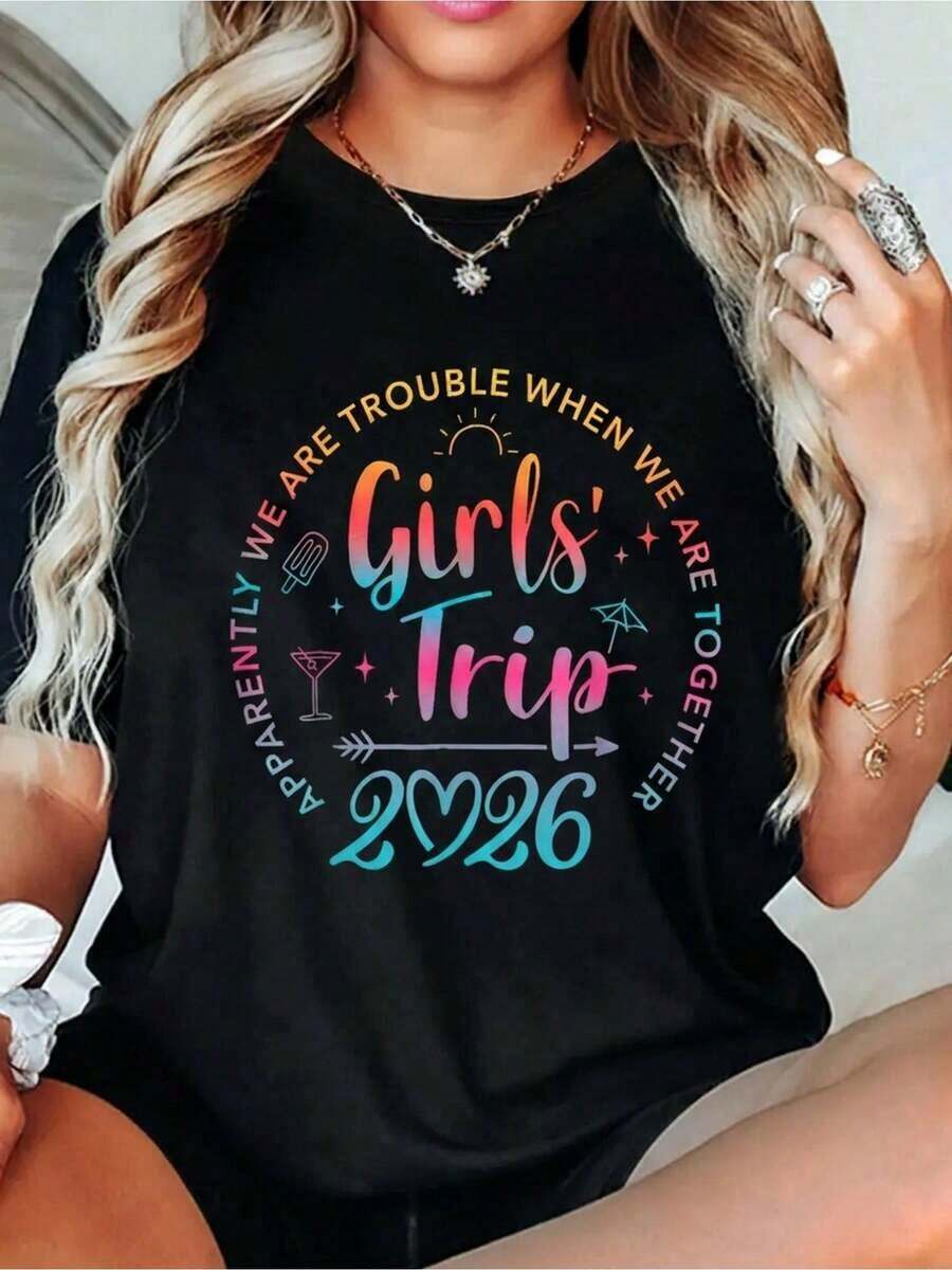 Unisex Graphic Tee For Girls Trip 2026 - Retro Matching Sets For Best Friends - Sleeveless Crew Neck Streetwear Casual Top - 'Girls Trip' And 2026 Lettering Design - Breathable For All Seasons - Vibrant Colors For Birthday Parties And Outdoor Activities - Medium Tee - 黑色 - 查看 1
