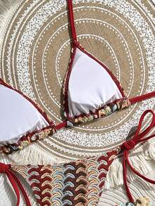 Bộ bikini kiểu Bohemian hở lưng, chất liệu dệt kim, buộc dây, kèm quần short, độ co giãn vừa phải, dành cho nữ. - Nhiều màu - Xem 6