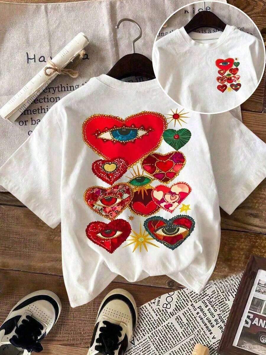 Short-Sleeve Round Neck DrmWander Women's Summer T-Shirt Set, Casual Resort Style With Print, Suitable For Spring And Summer, Travel And Tourism Option Women's Casual Blouses 100% Cotton - 白色 9 - 查看 1