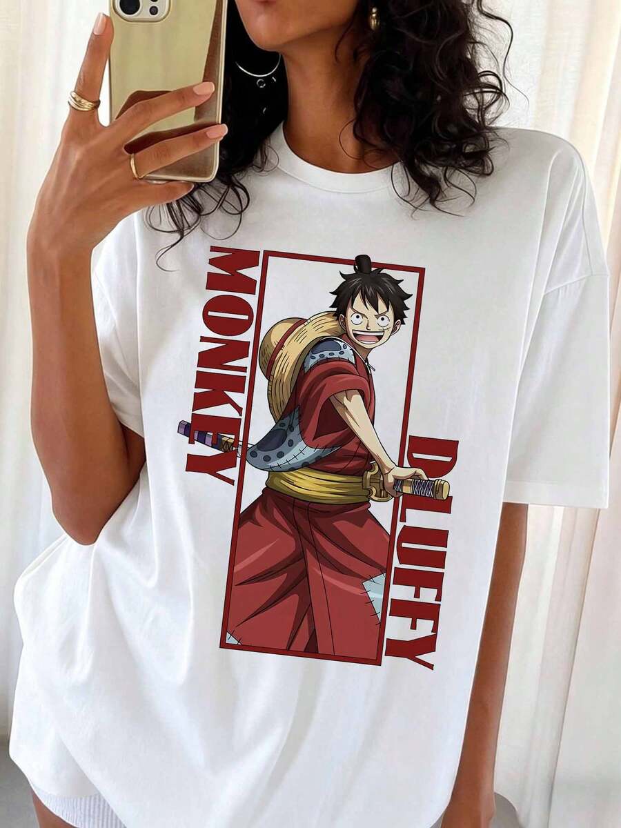 Monkey DD. L-LuffyS Wano Kuni Samurai T-Shirt, One Piece Graphic T-Shirt, Streetwear For Anime Fans - White - View 1