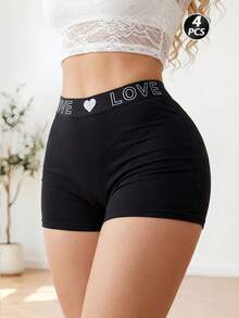 4pcs/Pack Women's Heart Print High Elasticity Boyshort Panties, Elastic Waist Briefs, Multi-Color - Multicolor - View 3