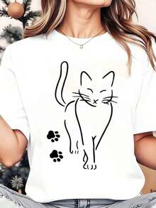 ropa de mujer Camiseta de mujer con estampado de gato y pata, informal, de cuello redondo, manga corta, suave y cómoda, camisas de mujer - Blanco - Ver 6