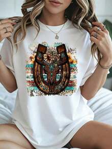 Women's White T-Shirt With Lucky Horseshoe, Sunflower And Turquoise Stone Print, Summer Casual Wear, Boho Style, Festival Outfit - 白色 - 查看 1