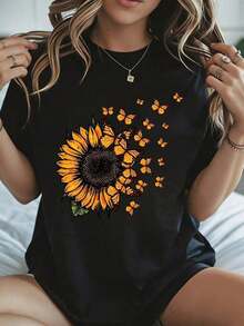 Camiseta con Estampado de Mariposas y Girasoles, Ropa Casual de Verano, Blusa Blanca de Moda para Mujer, para Primavera y Verano, Uso Diario y al Aire Libre - Negro - Ver 1