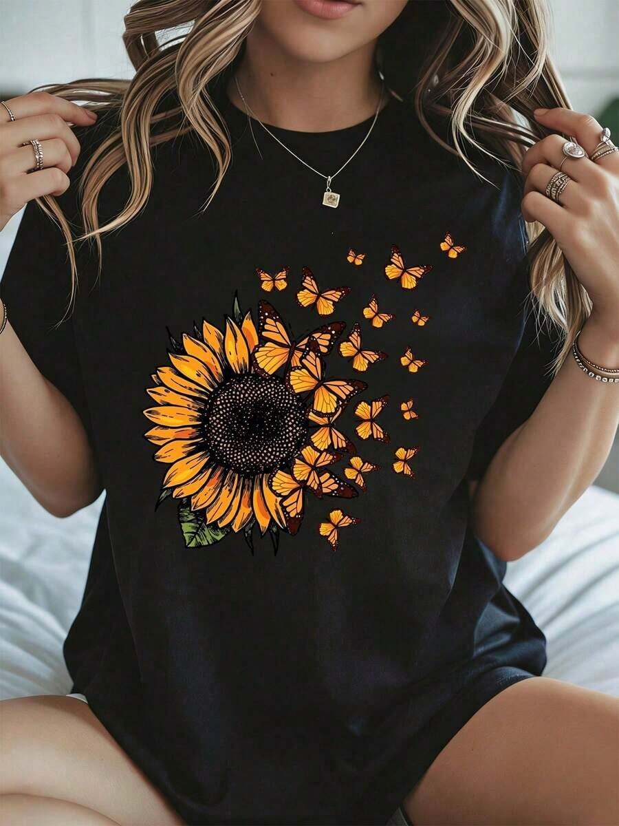 Camiseta con Estampado de Mariposas y Girasoles, Ropa Casual de Verano, Blusa Blanca de Moda para Mujer, para Primavera y Verano, Uso Diario y al Aire Libre - Negro - Ver 1
