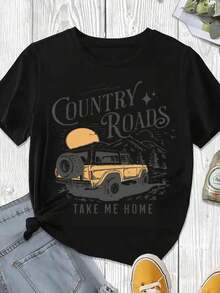 Women's "Country Roads Take Me Home" Graphic T-Shirt, Mountain Sunset Design, Casual Summer Clothing For Outdoor Adventures - 黑色 - 查看 3