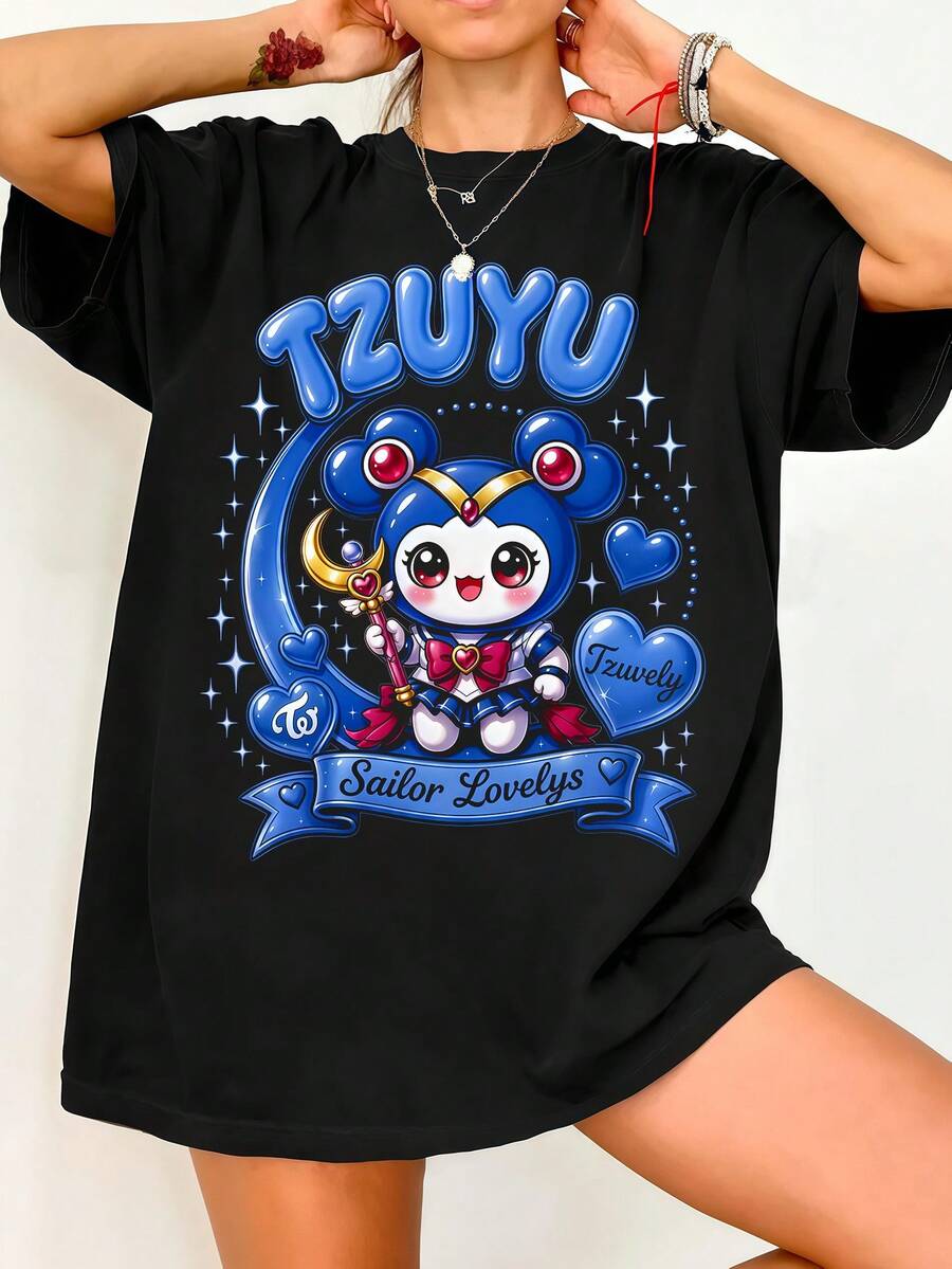 Twic.E Tzuyu Chibi Sailor Shirt, K-Pop Fan T-Shirt. Vintage Graphic Print, Casual Black Cotton Short-Sleeved T-Shirt. - Black - View 1