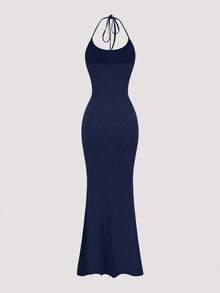 Vestido largo de fiesta formal con cuello halter y bajo de sirena en color sólido de - Azul - Ver 6