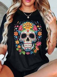 Women's T-Shirt Fashionable Summer T-Shirt With Round Neck And Short Sleeves, Loose Fit, Casual, With Day Of The Dead Floral Skull Graphic Print For Women Gothic Style - 黑色 - 查看 7
