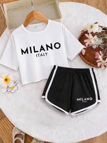 1 Set Teenage Girls' Round Neck Short Sleeve T-Shirt And Shorts Set, Printed Text Graphic Short Tee And Shorts Set, Comfortable Minimalist Design, Suitable For Spring And Summer - Multicolor - View 2