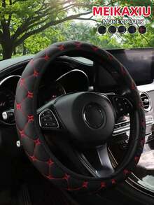 1pc PU Leather Embroidered Soft & Comfortable Car Steering Wheel Cover, Fits 15inch, Black/Red/Blue, Unisex Car Interior Accessories - Đen - Xem 7