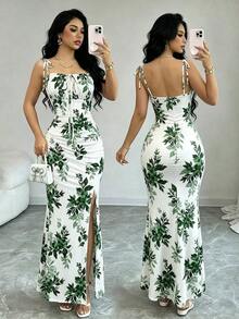 Nuevo vestido de mujer con tirantes de espagueti, lazo en la cintura, diseño de dobladillo fruncido y abertura, versátil para citas, fiestas y uso diario, favorecedora y elegante - Verde - Ver 9