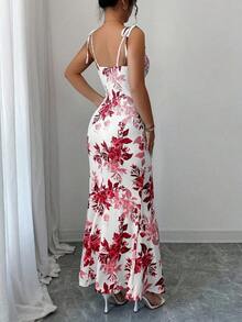 Nuevo vestido de mujer con tirantes de espagueti, lazo en la cintura, diseño de dobladillo fruncido y abertura, versátil para citas, fiestas y uso diario, favorecedora y elegante - Rojo - Ver 2
