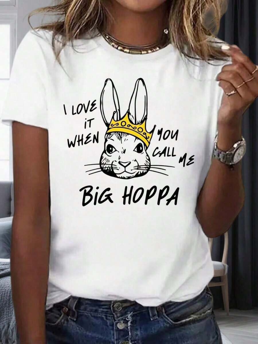 I Love It When You Call Me Big Hoppa Rabbit King, Crown T-Shirt, Casual Top For Women, White Shirt For Easter Bunny Lovers, Valentine's Day Gift. Women's Warm Clothing - 白色 - 查看 1