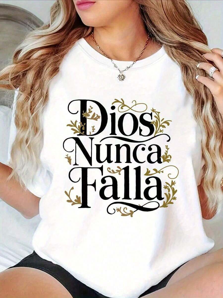Minimalist 1 Piece Plus Size, Women's Plus Size Spanish Christian T-Shirt "God Never Fails" - Elegant Gold Lettering And Spanish Faith Design, Breathable Short Sleeve Crew Neck Casual T-Shirt For Church Events, Casual Wear And Spanish Language Learners, Comfortable Spring/Summer Fit, Medium Stretch Fabric, Machine Washable, Clothing With Spanish Phrases, 100% Soft Cotton. Women's Simple Solid Color T-Shirt, Loose And Slim Fit Casual Short Sleeve - 白色的 - 查看 1