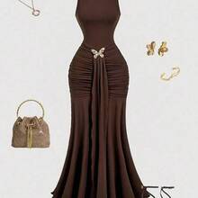 MOD Plus Size Women's Brown Ruched Dress,Wedding Party Dress,Elegant Dress Women,Formal Dress, Dress, Party Dress,Metal Buckle Decoration,Country Concert Outfit,Old Money Style Women,Dresses For Women Party Formal Dresses For Wedding Guest Pleated Tight Dress Brown Wedding Guest Dress Brown Elegant Long Dress Chocolate Brown Dress Brown Long Dress Butterfly Dress Brown Elegant Dress - Marrón - Ver 5