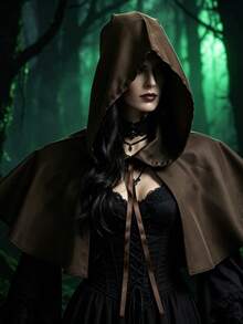 1PC Medieval Brown Hooded Capelet, Short Hooded Cloak For Gothic Witch Cosplay For LARP And Halloween Cosplay Props,Party - A - View 7