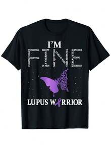 Warrior Lupus Awareness T-Shirt - 100% Cotton Black T-Shirt With Purple Ribbon And Butterfly Design, Inspirational Print About Symptoms, Regular Fit, Short Sleeve, Crew Neck, Holiday Gifts For Men, Women, Family And Friends, Lupus Awareness Products, Casual Wear, Motivational Print, All-Season Fabric. - 黑色 - 查看 1