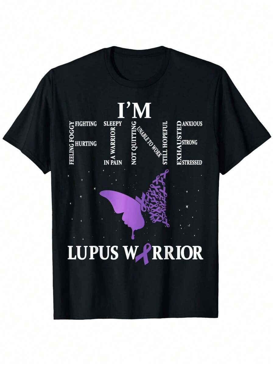 Warrior Lupus Awareness T-Shirt - 100% Cotton Black T-Shirt With Purple Ribbon And Butterfly Design, Inspirational Print About Symptoms, Regular Fit, Short Sleeve, Crew Neck, Holiday Gifts For Men, Women, Family And Friends, Lupus Awareness Products, Casual Wear, Motivational Print, All-Season Fabric. - 黑色 - 查看 1