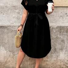 Simple Solid Black Plus Size Women's Casual Beach Dress Suitable For Summer Black Casual Dress Casual Midi Dress,Business Casual Woman,Teacher Outfits For Women Suitable For Going Out Chic Dress,Spring/Vacation - Multicolor - Ver 2