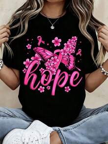 Pink Butterfly "Hope" Breast Cancer Awareness T-Shirt For Women - Inspirational Design With Pink Ribbon And Floral Details, Soft Cotton T-Shirt For Breast Cancer Support And Awareness - Black - View 7