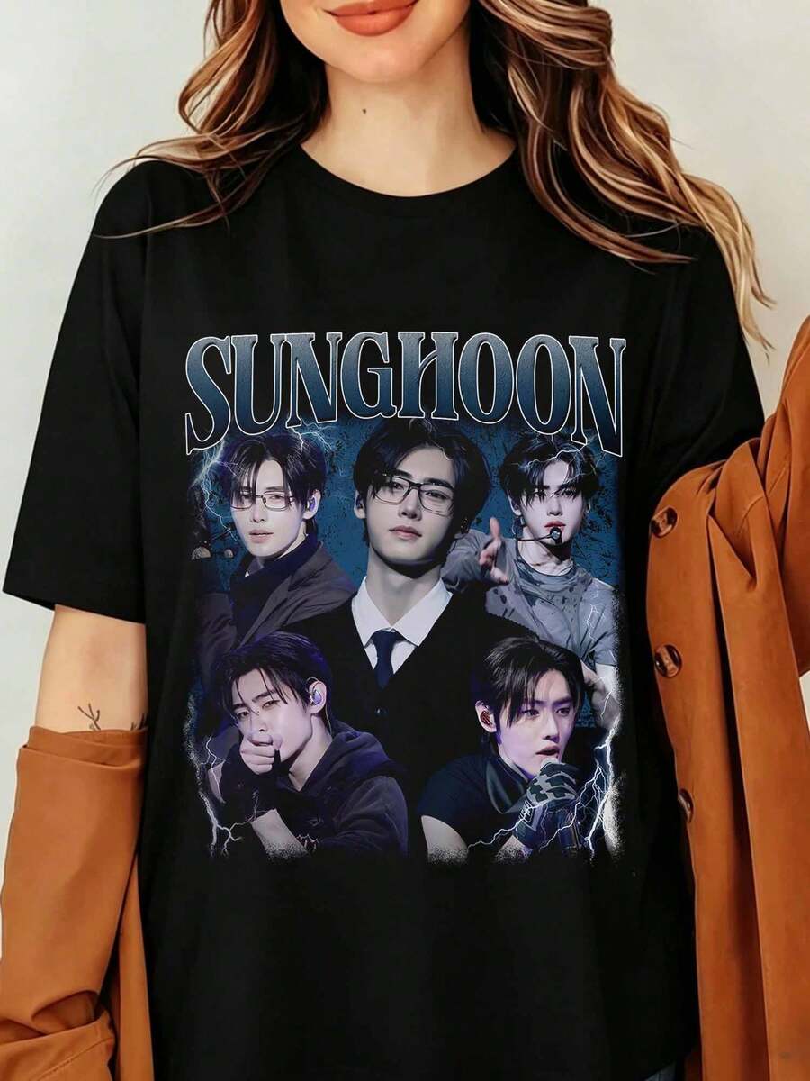 Sunghoon ENHYPENS K-Pop Graphic T-Shirt Park Sunghoon Vintage 90s Bootleg Print Black Oversized Cotton Tee, Streetwear Top, Sunghoon Graphic Tee, Unisex Music Fan Tee - Black - View 1