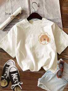 Gift Pattern Double-Sided Print [Double-Sided Printing] Women's Casual Summer T-Shirt With Dachshund Paw Print, Short-Sleeved Crew Neck T-Shirt - Unisex Loose-Fitting Cotton Short-Sleeved Crew Neck T-Shirt In A Vintage Urban Style. Soft - 杏 - 查看 4