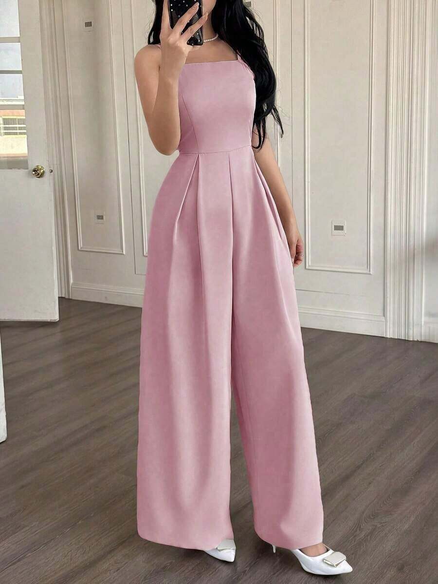 Mono holgado de pierna ancha y plisado de unicolor para mujer - Rosa - Ver 1