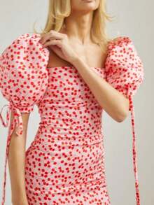 Vestido vacacional floral 2026, cuello barco, manga pompom, corte ajustado largo estilo francés - Rojo - Ver 3