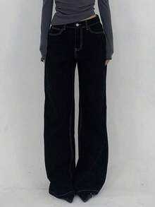 Pantalones vaqueros versátiles y casuales de mujer con bolsillos y estampado de leopardo, estilo Y2K - Negro - Ver 4