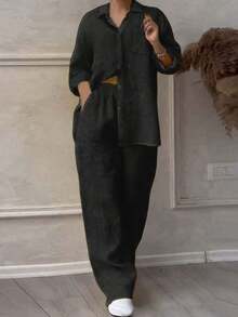 Cardigan casual con cuello polo ligero, blusa elegante de unicolor versátil adecuada para la playa, el diario, el trabajo, las compras, de tela suave, pantalones sueltos con cintura elástica, conjunto de 2 piezas, primavera/verano/otoño - Negro - Ver 9