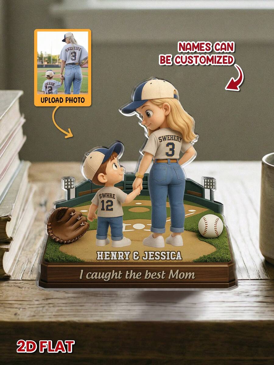 Custom Animated Acrylic Plaque For Mother's Day, Upload Your Photo To Be Rendered As Cute Cartoon, Baseball Theme "I Caught The Best Mom", Personalized Name, 2D Flat Sign - As Shown - View 1