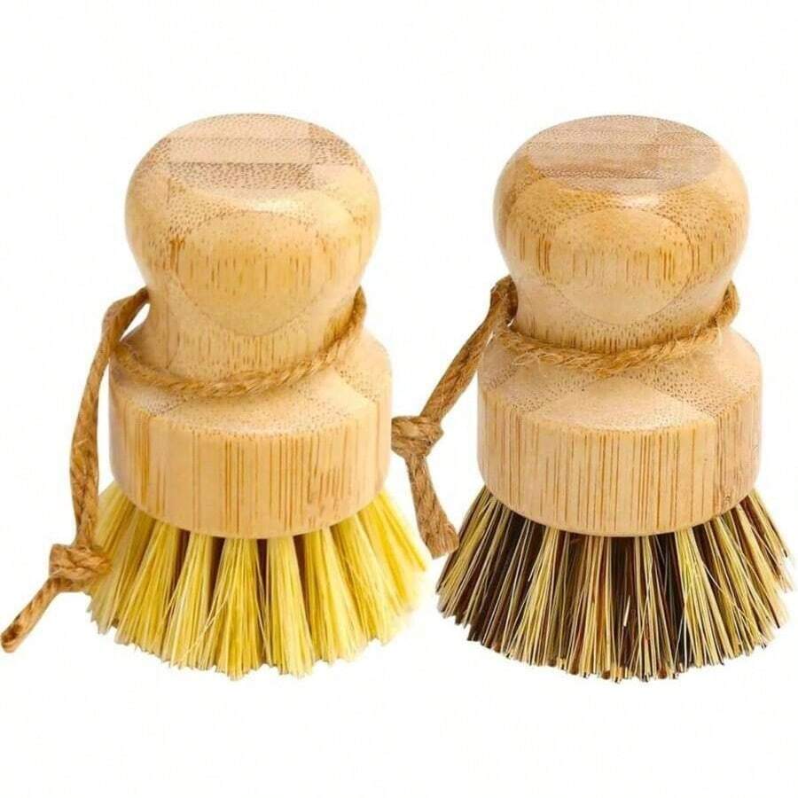 Aisuly Bamboo Dish Brush Set, 2 Pcs Palm Wooden Dish Scrubber Brush, Dish Brushes, Durable Wood Dishes Scrub Brush, Natural Round Vegetable Cleaning Pots Pans Sink Washing Kitchen Brush - 顏色A - 查看 1