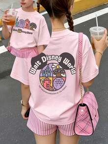 Walt Disney World  Disney Princess Print Summer Tops,Disney Kids Disney Shirts ,Perfect For Cute Girls. Teen Girl Gift,Comfortable And Breathable Children's Short-Sleeved T-Shirt. 180g Pure Cotton Children's Clothes,Suitable For Both Boys And Girls.Suitable For Daily Wear, Vacations, Outdoor Activities, And As A Children's Gift. - Hồng - Xem 1
