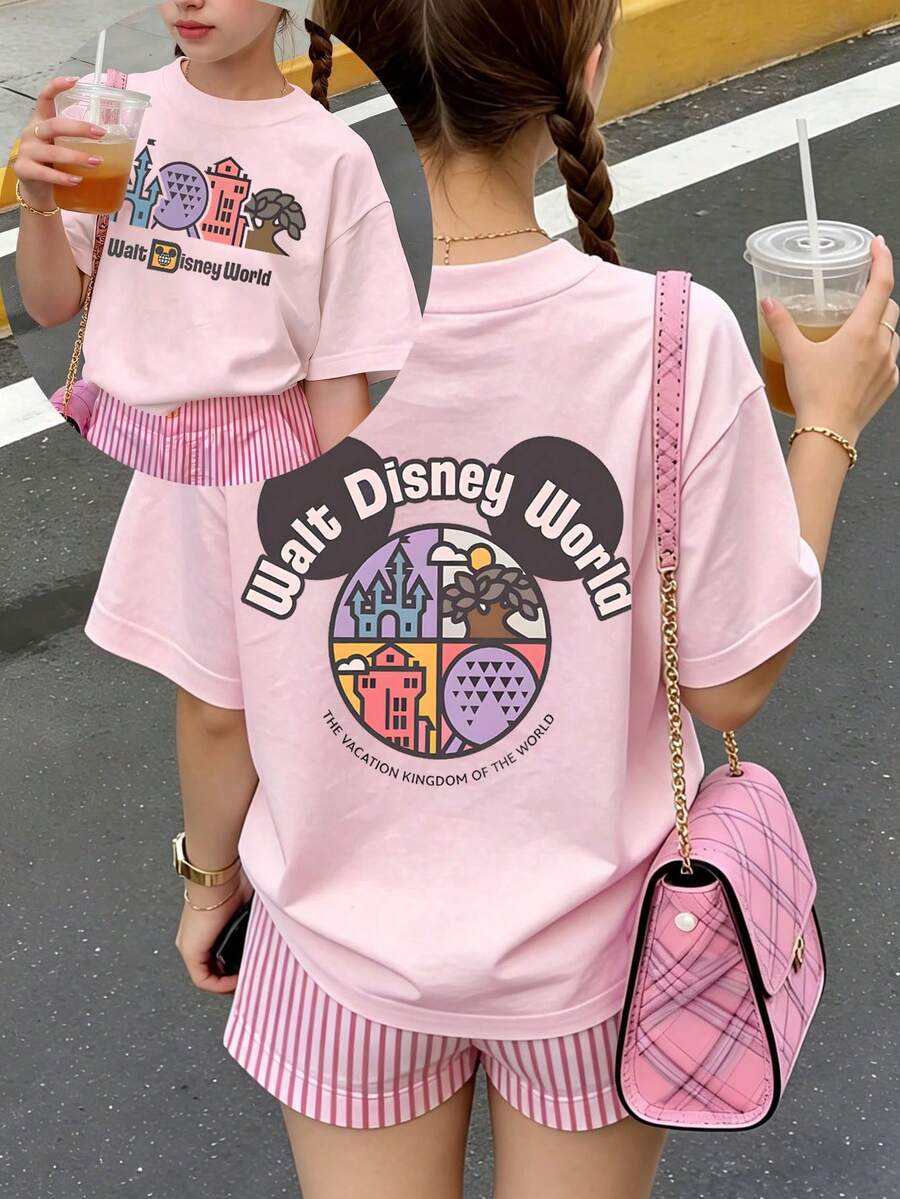 Walt Disney World Disney Princess Print Summer Tops,Disney Kids Disney Shirts ,Perfect For Cute Girls. Teen Girl Gift,Comfortable And Breathable Children's Short-Sleeved T-Shirt. 180g Pure Cotton Children's Clothes,Suitable For Both Boys And Girls.Suitable For Daily Wear, Vacations, Outdoor Activities, And As A Children's Gift. - Hồng - Xem 1