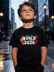 Camiseta de Fútbol Mundial 2026 para Niños - Jersey de Fútbol con Estampado de Logos, Camiseta Ligera de Manga Corta y Cuello Redondo Adecuada para Entrenamientos, Partidos y Uso Diario |   Lavable a máquina para un estilo de vida activo. - Negro - Ver 1