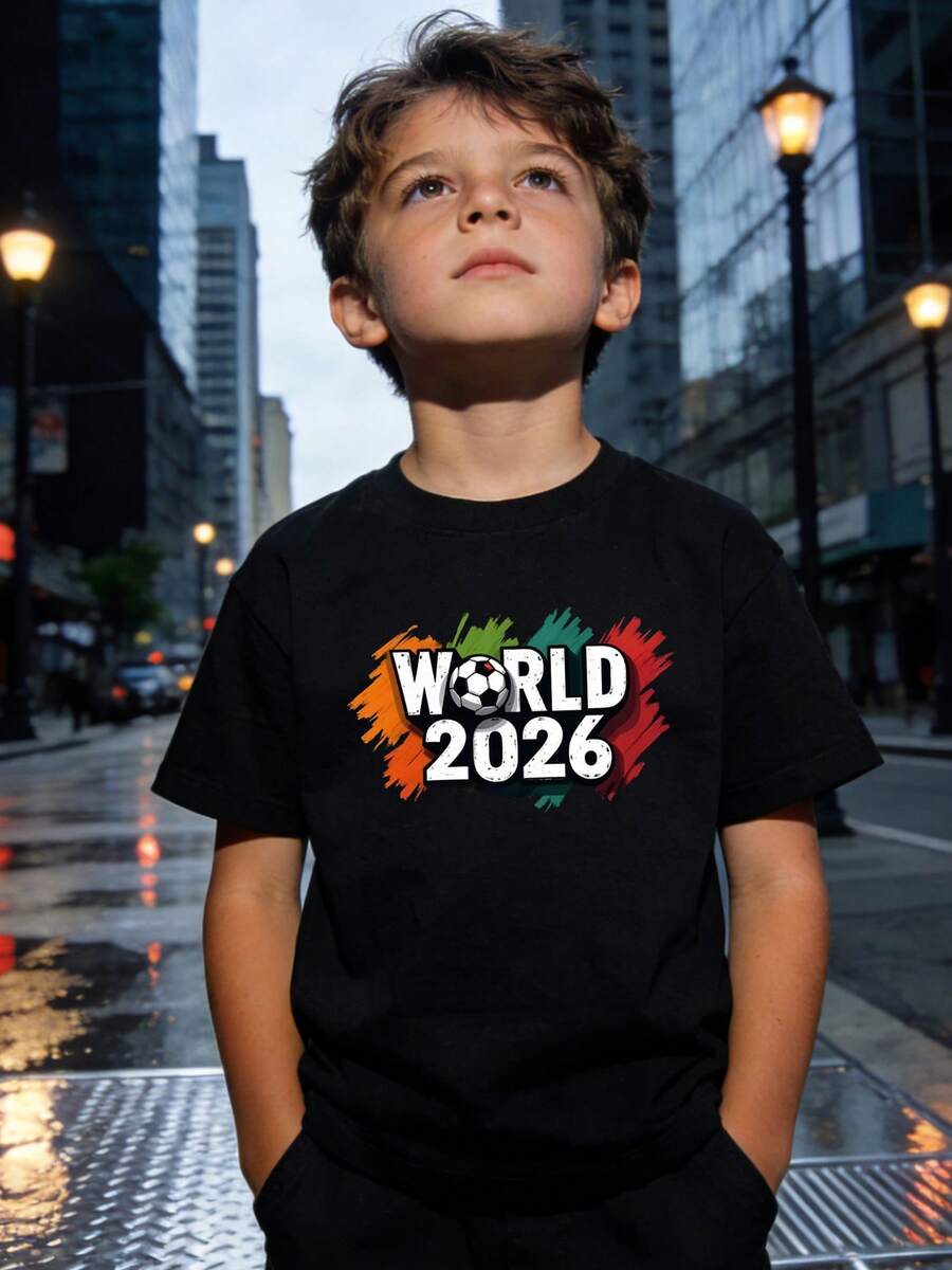 Camiseta de Fútbol Mundial 2026 para Niños - Jersey de Fútbol con Estampado de Logos, Camiseta Ligera de Manga Corta y Cuello Redondo Adecuada para Entrenamientos, Partidos y Uso Diario |   Lavable a máquina para un estilo de vida activo. - Negro - Ver 1