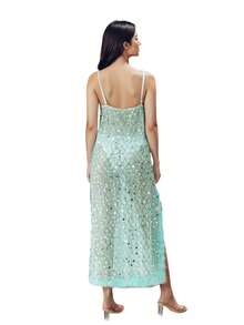 Womens Sheer Long Dress - Spaghetti Strap Backless Sequin Slit Maxi Dress For Beach Party Summer - Blue - View 6