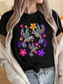 Women's Casual T-Shirt With Round Neck And Short Sleeves, Colorful Hummingbird And Flower Print Design, Black T-Shirt For Women, Boho Style, Graphic T-Shirt, Fashionable Summer Clothing, Suitable For Christmas Parties, Sports Activities, Holiday Parties, Outings, Sports And Other Festive Gifts (220g). - 黑色 - 查看 5