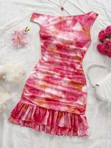 Vestido mini ajustado con volantes asimétricos en el hombro y estampado de teñido anudado romántico.Versátil para fiestas, citas, té de la tarde, playa, boda, temporada de graduación - Multicolor - Ver 3