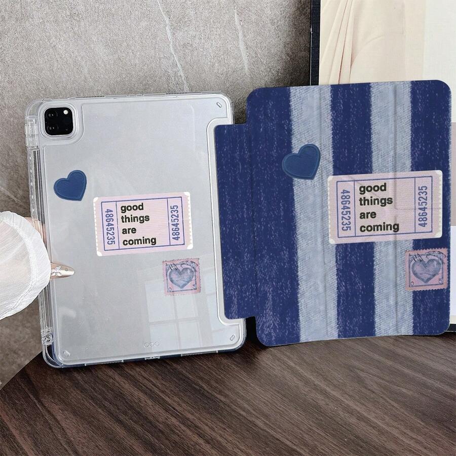 1 件装蓝色条纹和爱心图案双面保护平板电脑保护套，带笔槽，兼容 iPad、小米、OPPO、华为 Matepad 和荣耀平板电脑 - 彩色 - 查看 1