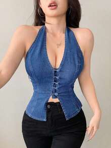 Parte superior de halter elástica de mezclilla sexy sin mangas para mujer, corsé azul, blusas de mujer para brunch, blusas de verano lindas, top de corsé azul - Azul lavado medio - Ver 3
