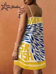 Vestido casual y versátil con tirantes de espagueti, estampado tropical de sardinas, letra y diseño de estrella de mar brillante en estilo bohemio para vacaciones de primavera/verano en la playa para mujeres - Amarillo azul - Ver 6