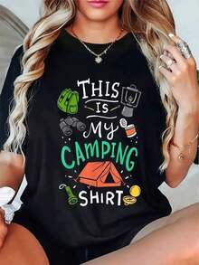 Esta es mi camisa de camping |   Camiseta de manga corta con cuello redondo para mujer, con estampado de mochila verde y tienda de campaña naranja, para primavera y verano, estilo casual. - Negro - Ver 6