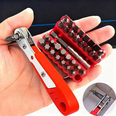 1Set 36 Tooth Mini Ratchet Wrench With Magnetic Offset Screwdriver Set CR V Steel Precision Repair Tools Compact Design Fit Narrow Space Universal For Household Car Mechanical Maintenance DIY Hand Tools