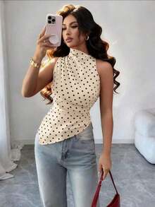 Camiseta de tirantes ajustada con dobladillo asimétrico a lunares rojos, top elegante blanco para mujer, tops elegantes a lunares blancos y negros, de tops para mujer, tops elegantes para mujer, tops casuales para mujer, últimos tops para mujer, nuevos lanzamientos - Albaricoque - Ver 1