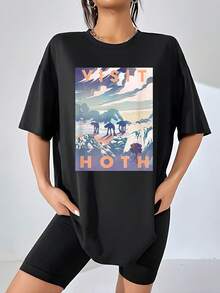 Estampa que muestra un paisaje helado con montañas nevadas y máquinas caminando bajo un cielo colorido evocando aventura y ciencia ficción camiseta de mujer  suave y cómoda ideal para uso diario y viajes casuales - Negro - Ver 6