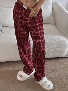 Pantalones de estar por casa rectos de cintura elástica con estampado de cuadros para mujer, para invierno - Burdeos - Ver 3