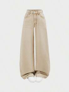 Pantalones vaqueros holgados de estilo casual con bolsillos y patas anchas para adolescentes, jeans de verano. - Caqui - Ver 5