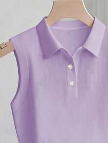 Camiseta sin mangas acanalada casual y elegante con cuello polo para mujer - Morado - Ver 3